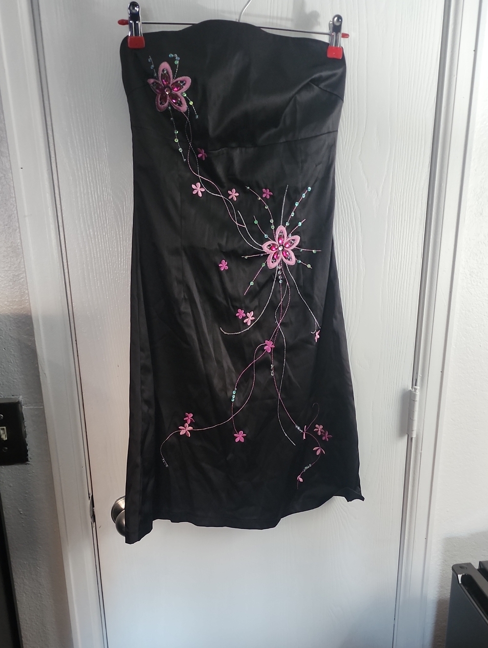 Strapless Black Dress with Pink Floral Embroidery